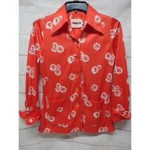 Vintage Sir Julian Size 14 Orange Shirt White Flowers Blouse Button Jacket L XL
